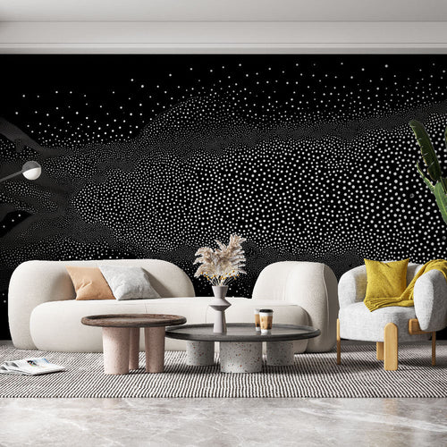 Abstract black and white wallpaper with elegant scattered dot pattern in a modern living room