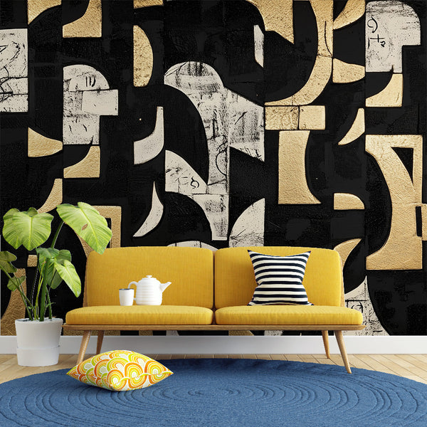 Geometric Wallpaper | Black, Gold and White Wall Mural