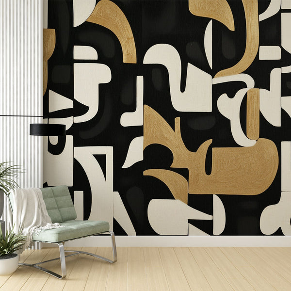 Modern Abstract Wallpaper | Black, White and Gold Mural