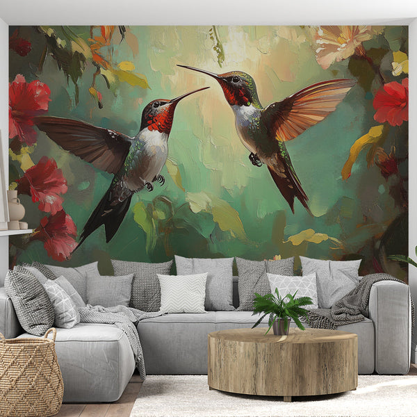 Hummingbird Wallpaper | Vibrant Floral Art Wall Mural