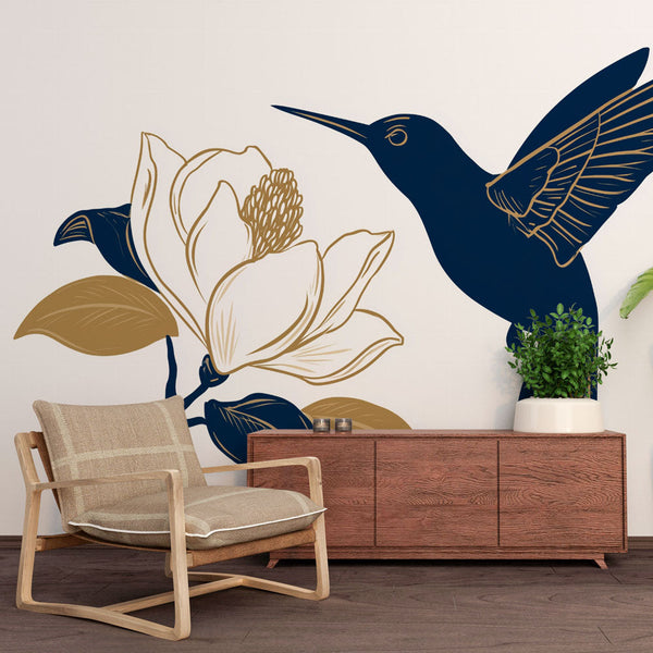 Hummingbird Wallpaper | Minimalist Blue and Gold Design