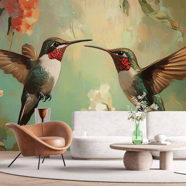 Hummingbird Wallpaper | Artistic Bird and Flower Wall Mural
