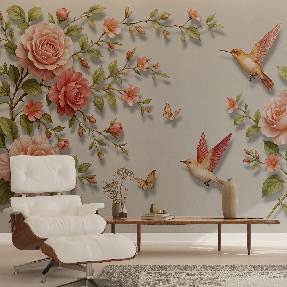 Floral Wallpaper | Roses and Hummingbirds Wall Mural