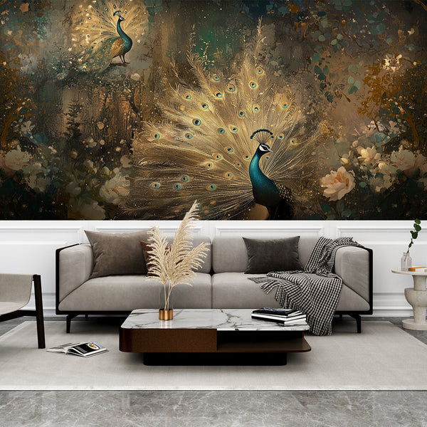Peacock Wallpaper | Exotic Elegance and Golden Florals