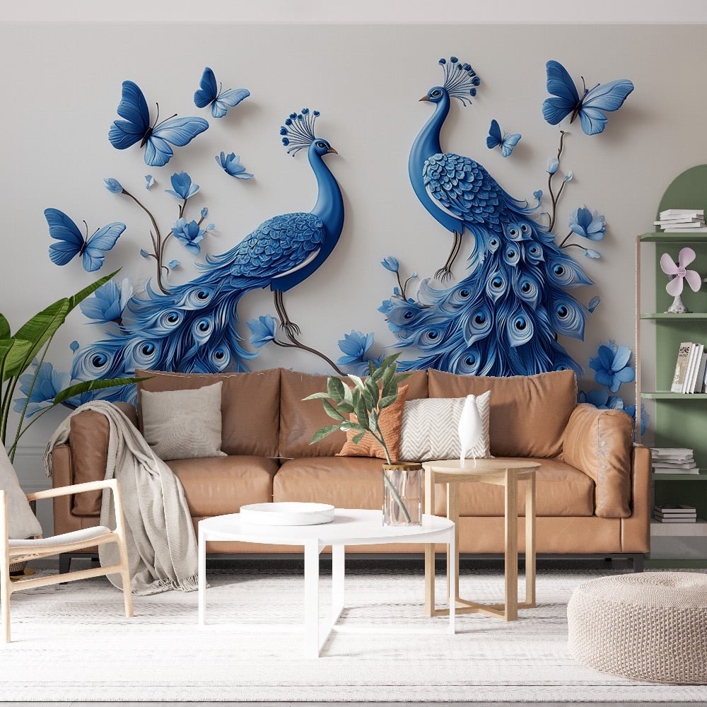 Peacock & Butterflies Wallpaper | Artistic Blue Design