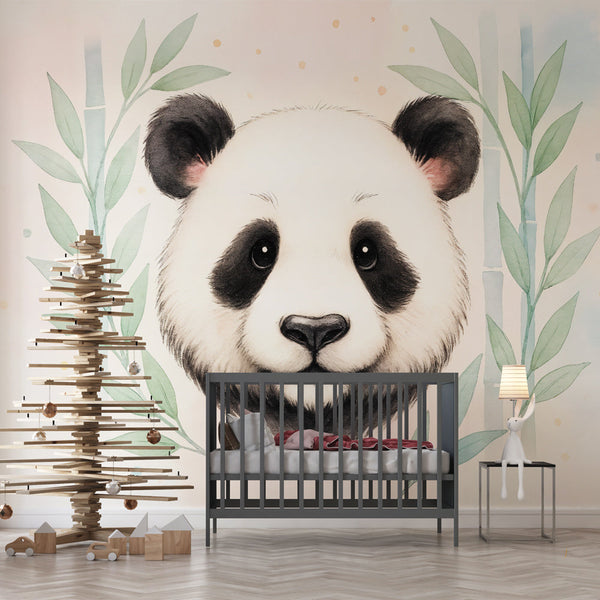 Panda Wallpaper | Illustrated Design with Bamboo Leaves