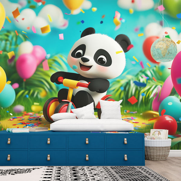 Joyful Panda Wallpaper | Colorful Festive Scene Mural