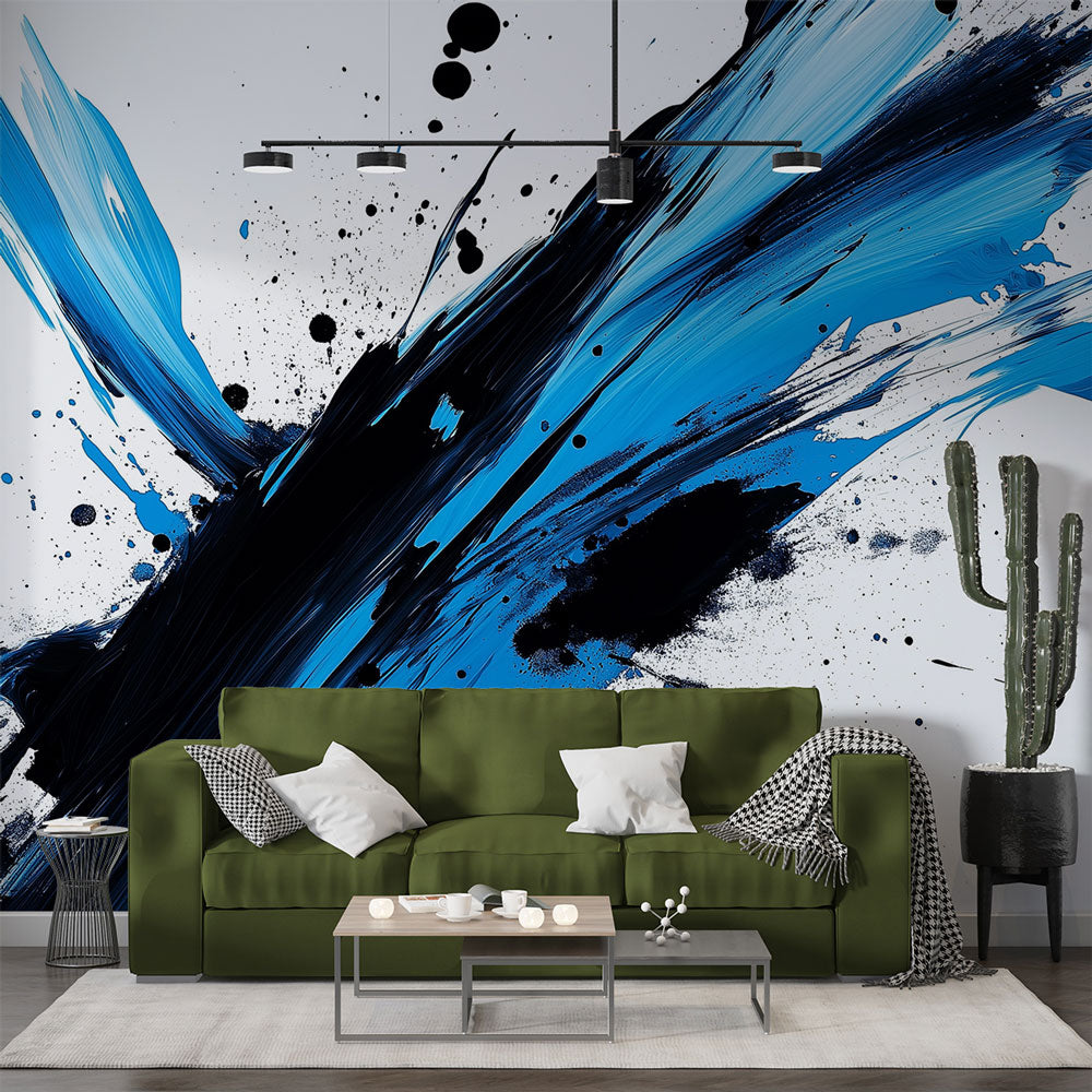 Abstract Blue Black Wallpaper | Energetic Splatter Wall Mural