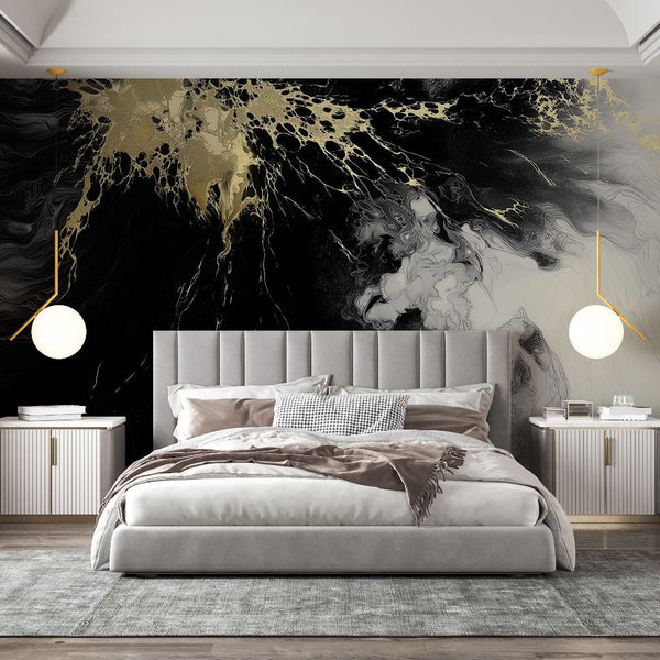 Abstract Wall Mural | Design fluid black white gold