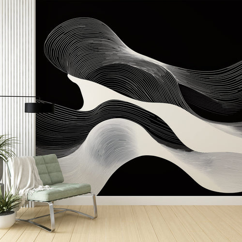 Abstract wallpaper with bold black and white wavy line pattern for modern industrial rooms