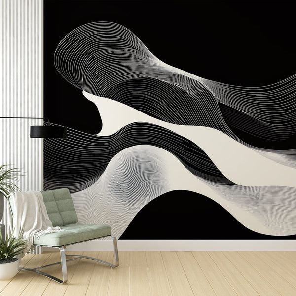 Abstract Wallpaper | Black White Wavy Wall Mural
