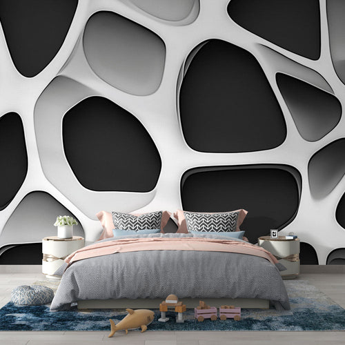 Abstract wallpaper with organic black and white fluid forms pattern