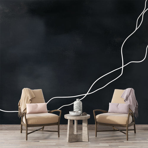 Abstract line wallpaper with white sinuous lines on deep black background for modern interior