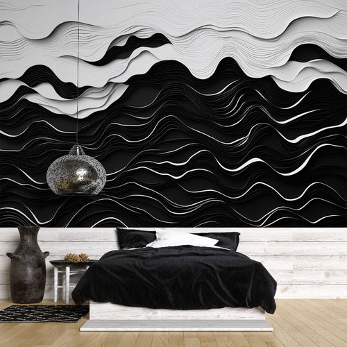 Abstract Wall Mural with pattern ondulant black white design