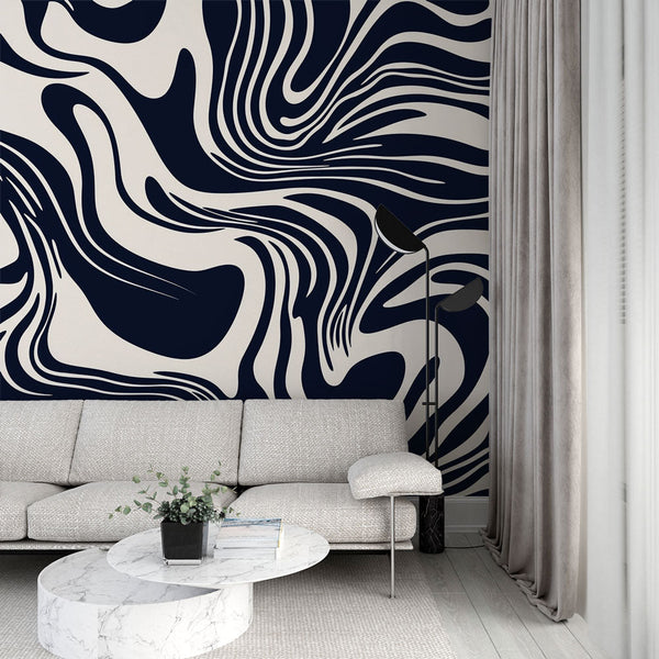 Wavy Abstract Wallpaper | Navy Cream Wall Mural