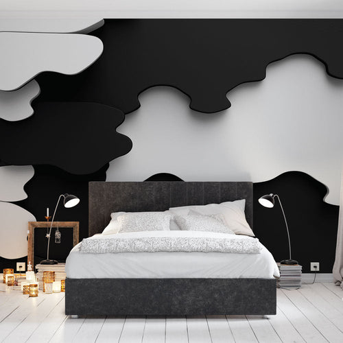 Abstract wallpaper with black and white fluid forms motif pattern