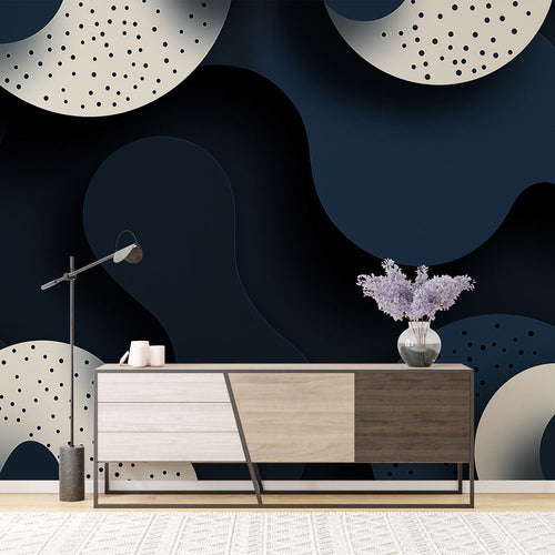 Abstract wallpaper navy blue beige fluid waves dots for sophisticated modern study
