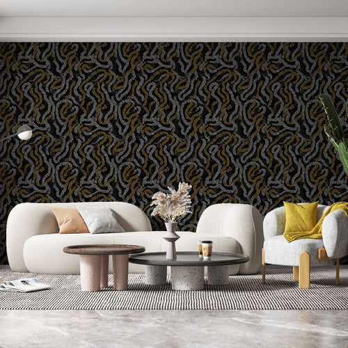 Abstract wallpaper with flowing black, white and gold ribbon patterns