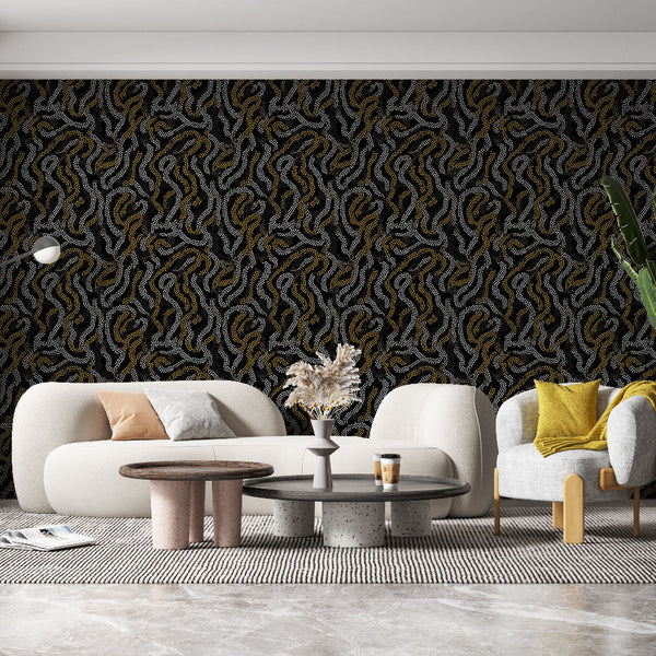 Abstract Wallpaper | Flowing Black, White and Gold Wall Mural