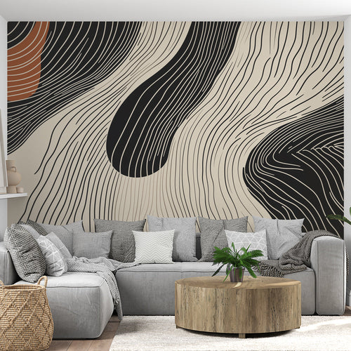 Abstract linear wallpaper in black, white and terracotta tones on a contemporary feature wall