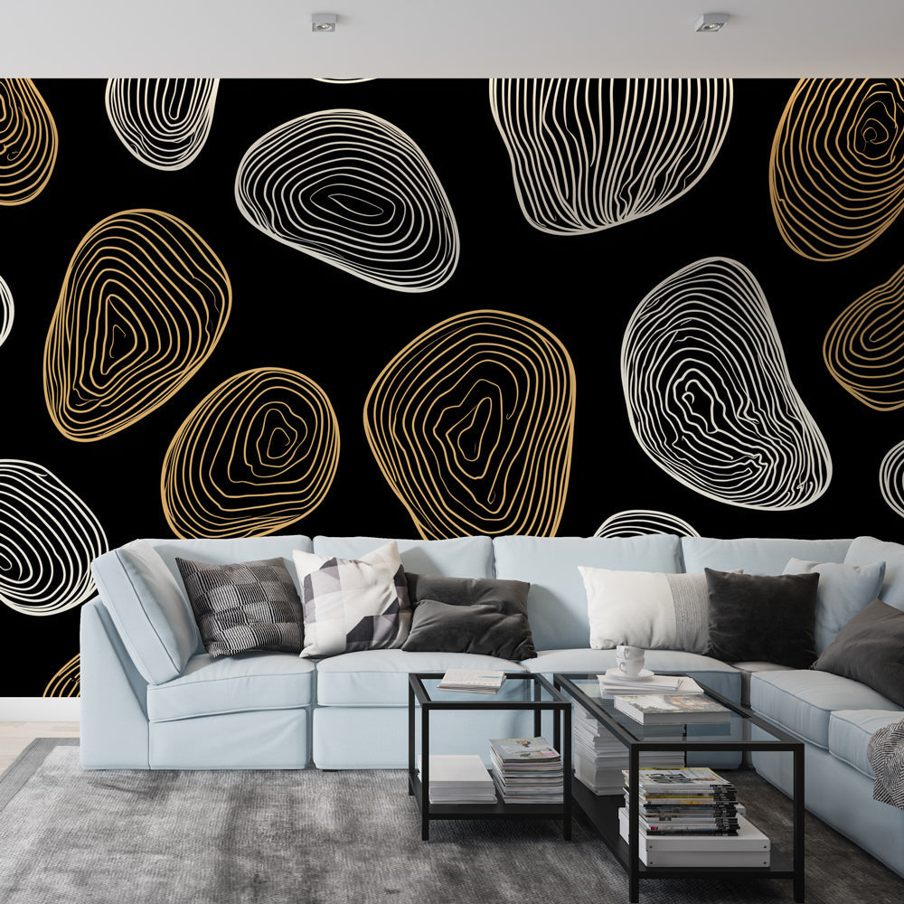 Abstract Wave Wallpaper | Gold and White Wall Mural on Black