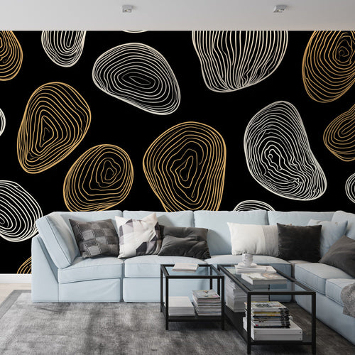 Abstract wallpaper with gold and white undulating waves on a black background