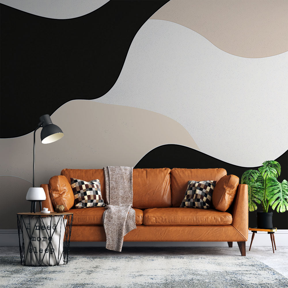 Wavy Abstract Wallpaper | Black White Beige Wall Mural