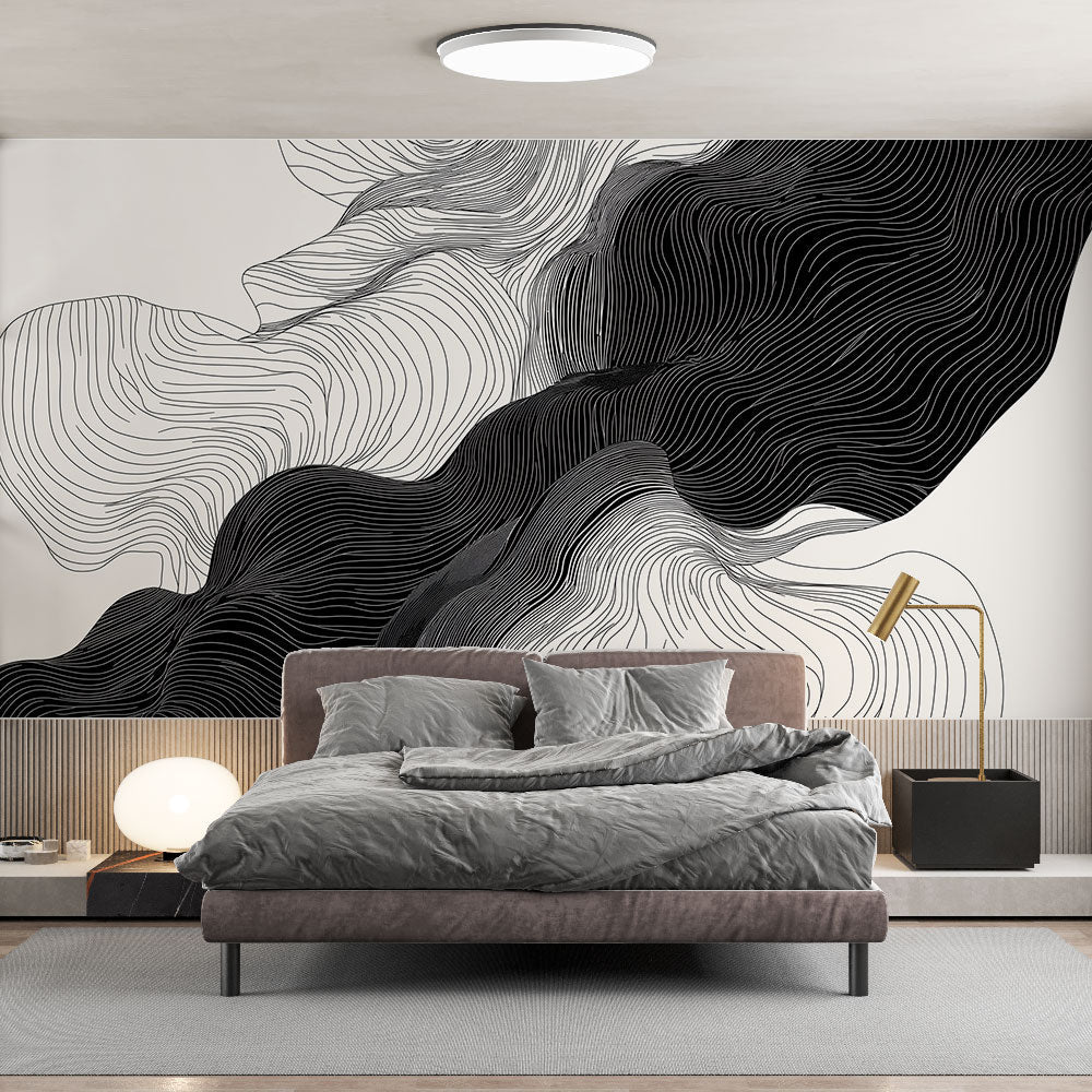 Abstract Wallpaper | Elegant Black White Wavy Wall Mural