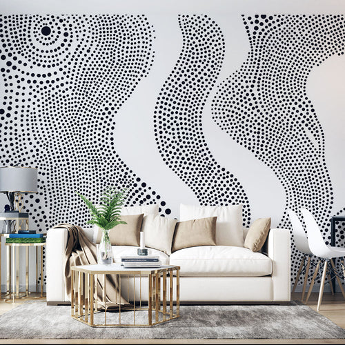 Abstract black dots organic shapes wallpaper white background for minimalist home office