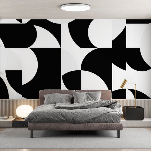 Abstract black and white geometric wall mural with circles arcs and modern shapes