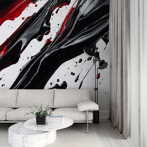 Abstract wallpaper with fluid black and red paint effects on white background