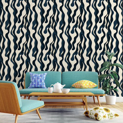 Wallpaper with stylised navy blue waves rolling across a pale light background