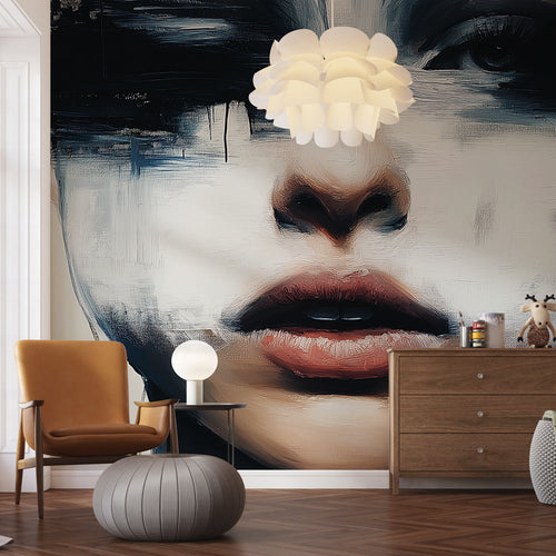 Abstract black and white portrait wallpaper expressive brushstrokes enigmatic modern composition