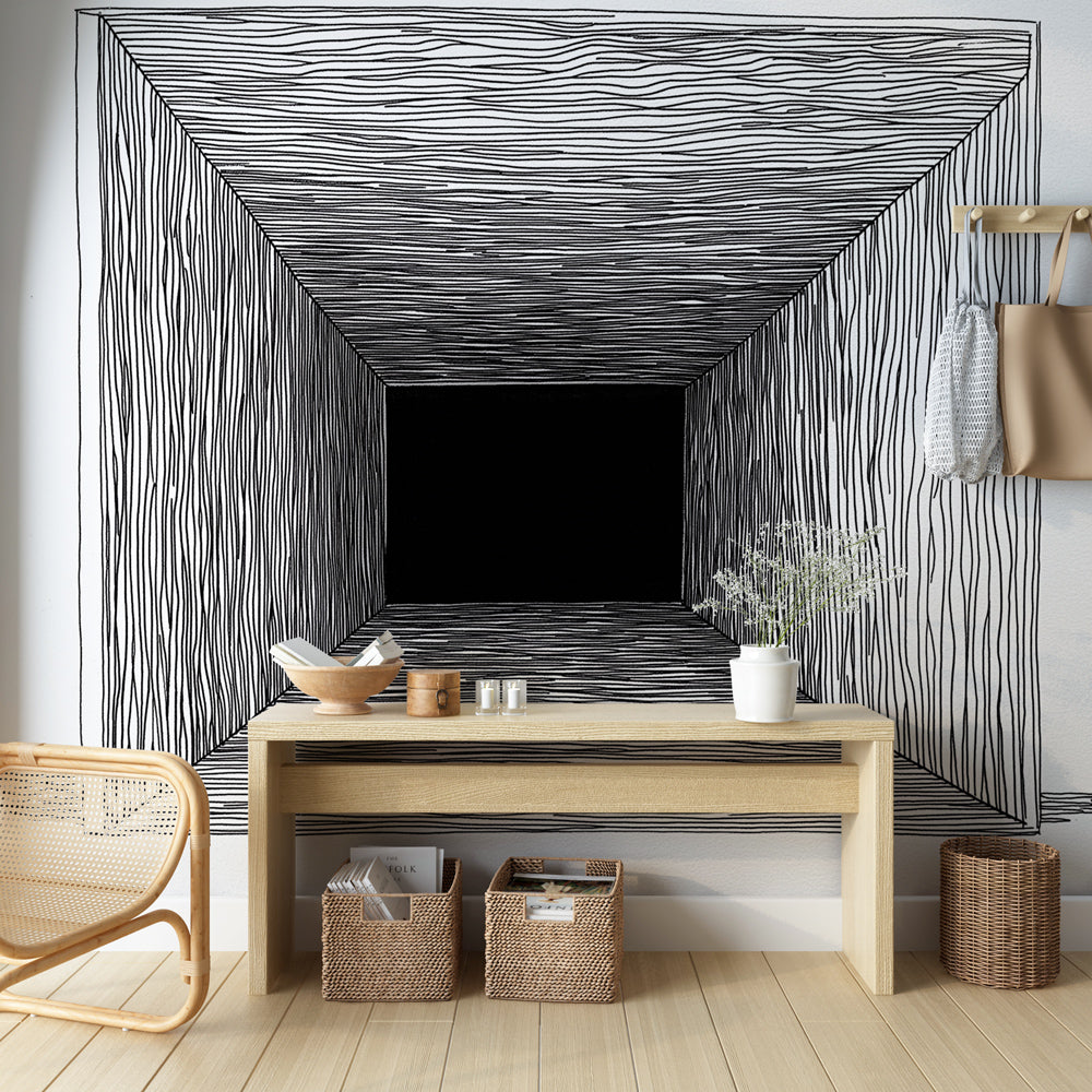 Abstract Wallpaper | Black White Tunnel Lines Wall Mural