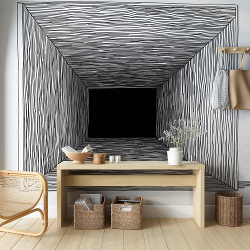 Abstract tunnel wallpaper in black and white with linear depth patterns