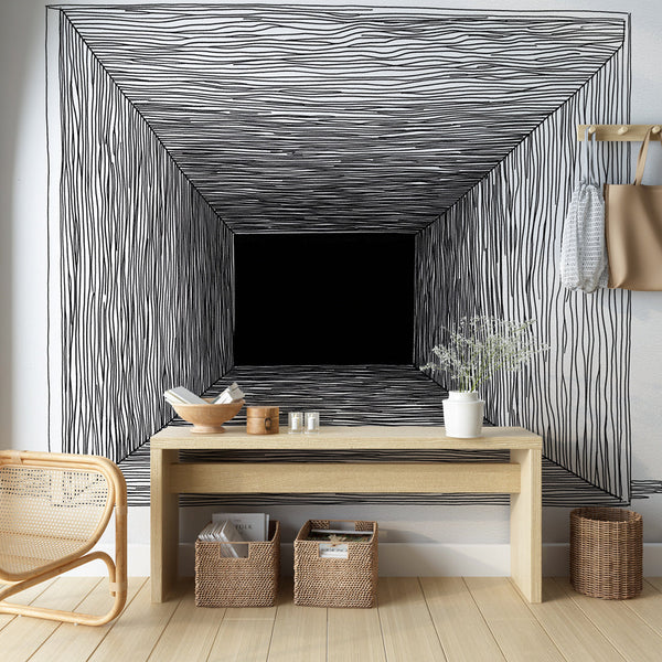 Abstract Wallpaper | Black White Tunnel Lines Wall Mural