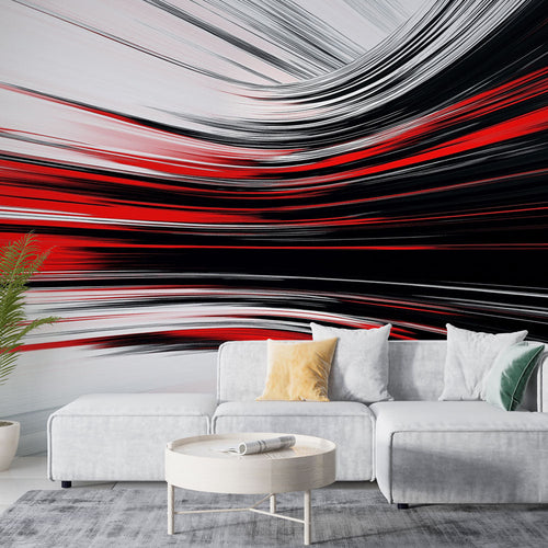 Abstract waves wallpaper with dynamic red, black and white flowing ribbons