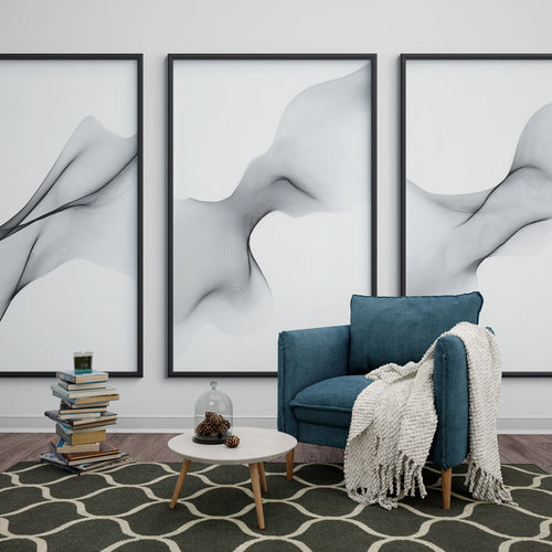Monochrome wallpaper with graphic black and white waves in bold modern sculptural lines