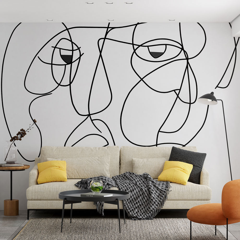 Abstract Wallpaper | Minimalist Face Black Line Wall Mural