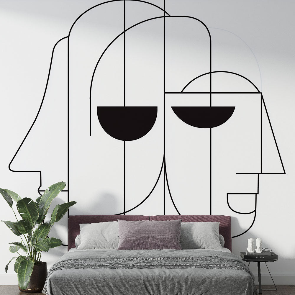 Abstract Wallpaper | Stylised Faces Black and White Wall Mural