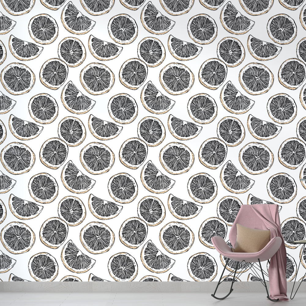 Citrus Wallpaper | B&W Lemon & Orange Slices Wall Mural