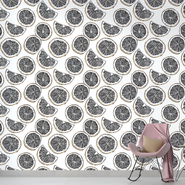Citrus Wallpaper | B&W Lemon & Orange Slices Wall Mural