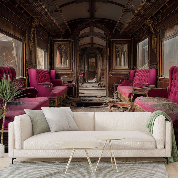 Vintage Train Wallpaper | Carriage With Fuchsia Velvet Sofas