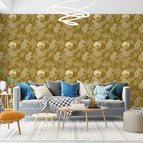 Animal and floral wallpaper with small animals and flowers on a gold background
