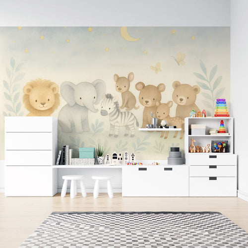Cute lion, elephant, zebra and teddy bear under a pastel starry sky