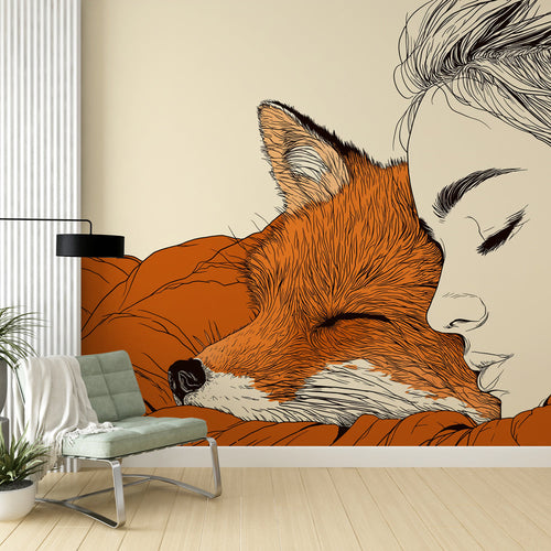 Animal wallpaper with a sleeping fox beside a resting woman in orange and cream