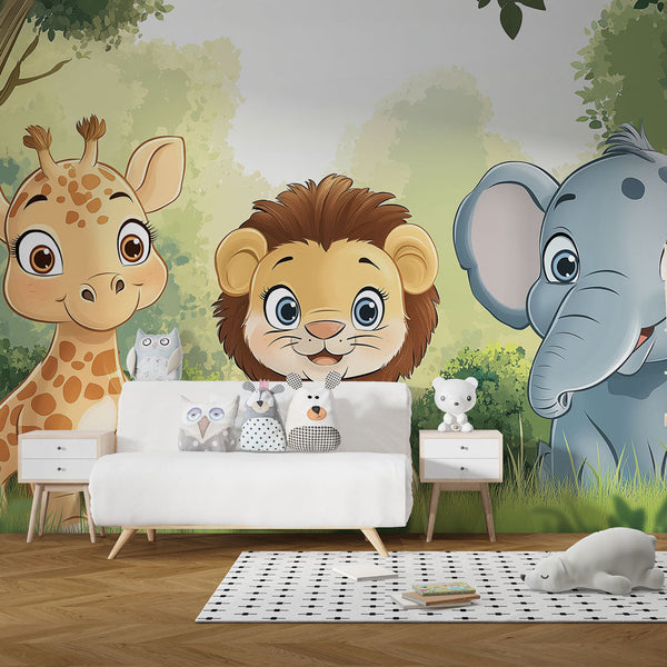 Cartoon Jungle Animals Wallpaper | Cute Wall Mural Decor