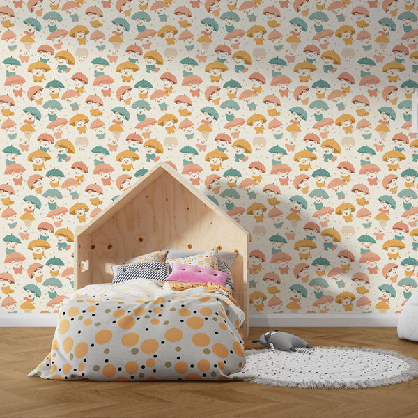 Animals with Umbrellas Wallpaper | Rainy Day Kids Wall Mural