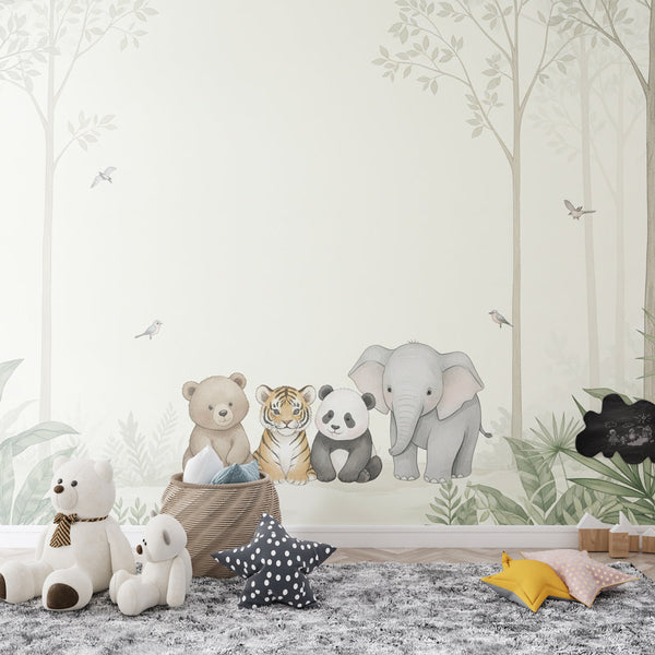 Forest Animals Wallpaper | Bear, Panda and Elephant Wall Mural