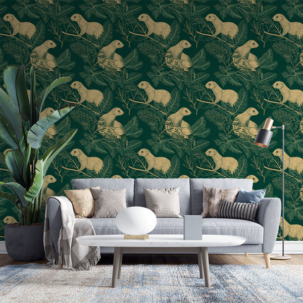 Forest Animal Wallpaper | Golden Creatures on Deep Green